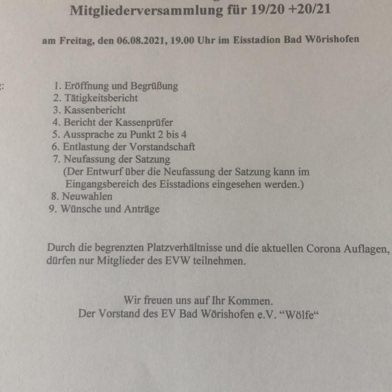 Einladung Hauptversammlung EVW Einladung Hauptversammlung EVW